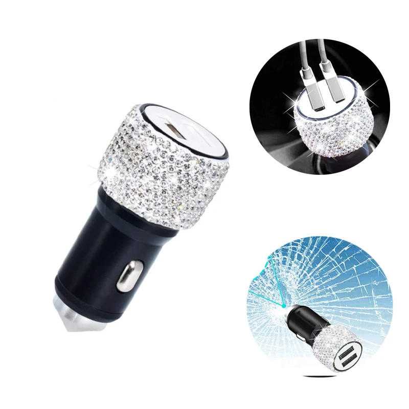 Dual USB Car Charger Bling Bling Handmade Rhinestones Crystal Car Decorations for Fast Charging Car Decors for iPhone/Samsung