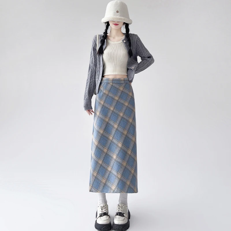 

Chic Plaid Women Woolen Skirts Autumn Winter High Waist Straight Split Mid-length Skirt Casual Wrap Hip Skirt