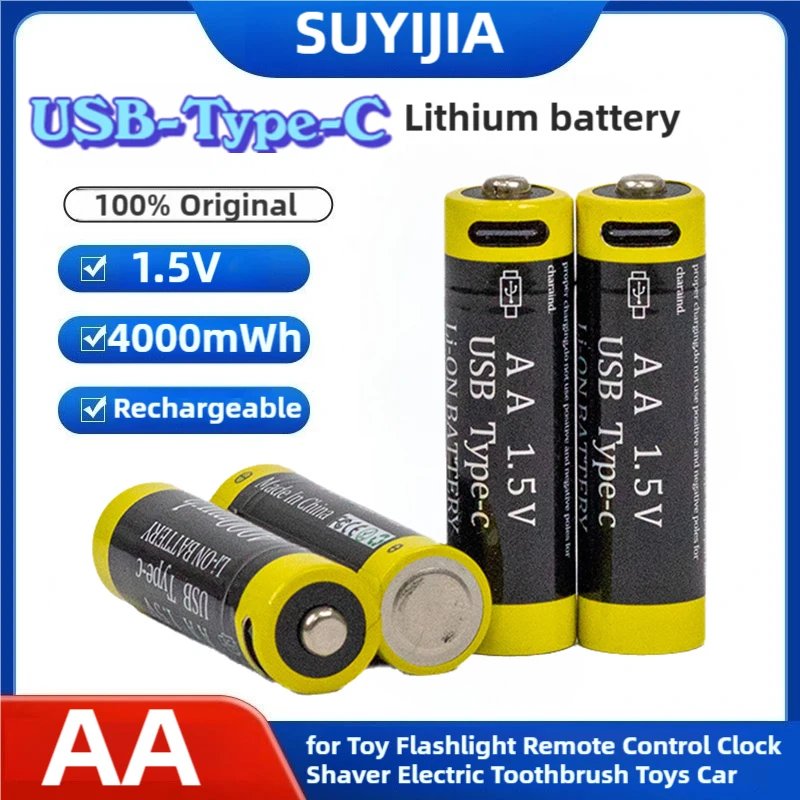 1.5V AA Li-ion Batteries Rechargeable Battery 4000mWh for Mouse Remote Control Small Fan Electric Toy Batteries USB Type-C Cable