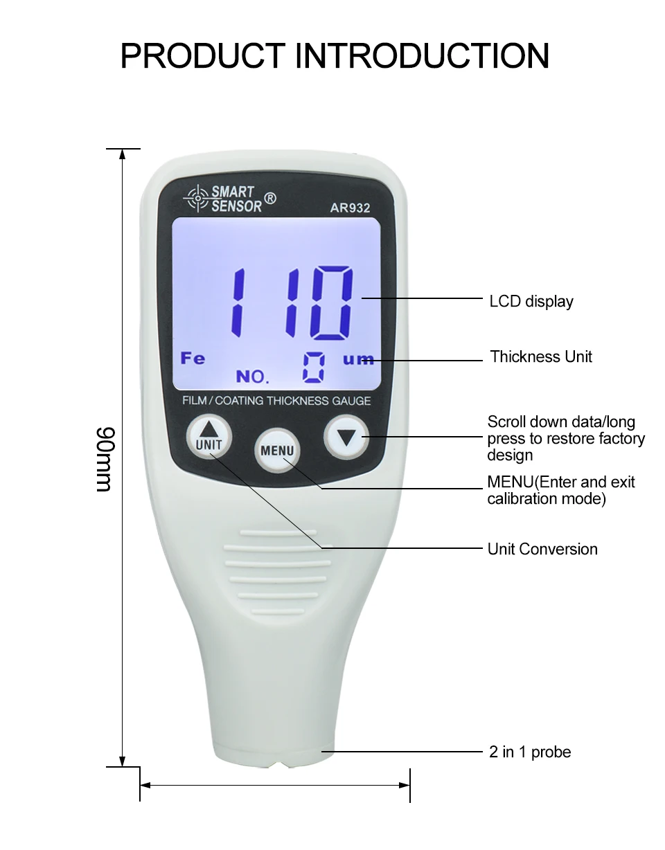 Hedao AR932  Car Paint Meter Digital coating thickness gauge with LCD Backlight Data Storage 20 groups