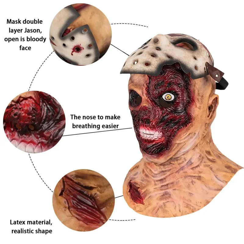 A Cafele Scary Jason Mask Horror Hacker Mask Full Head Vampire Latex Costume Halloween Cosplay Props for Adult Men Women