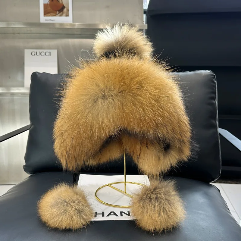 Echte vossenbontmuts Gehoorbescherming Bontmuts voor dames Winter Pluizige echte bontmutsen Outdoor Koudbestendige pet Luxe gebreide bontmutsen