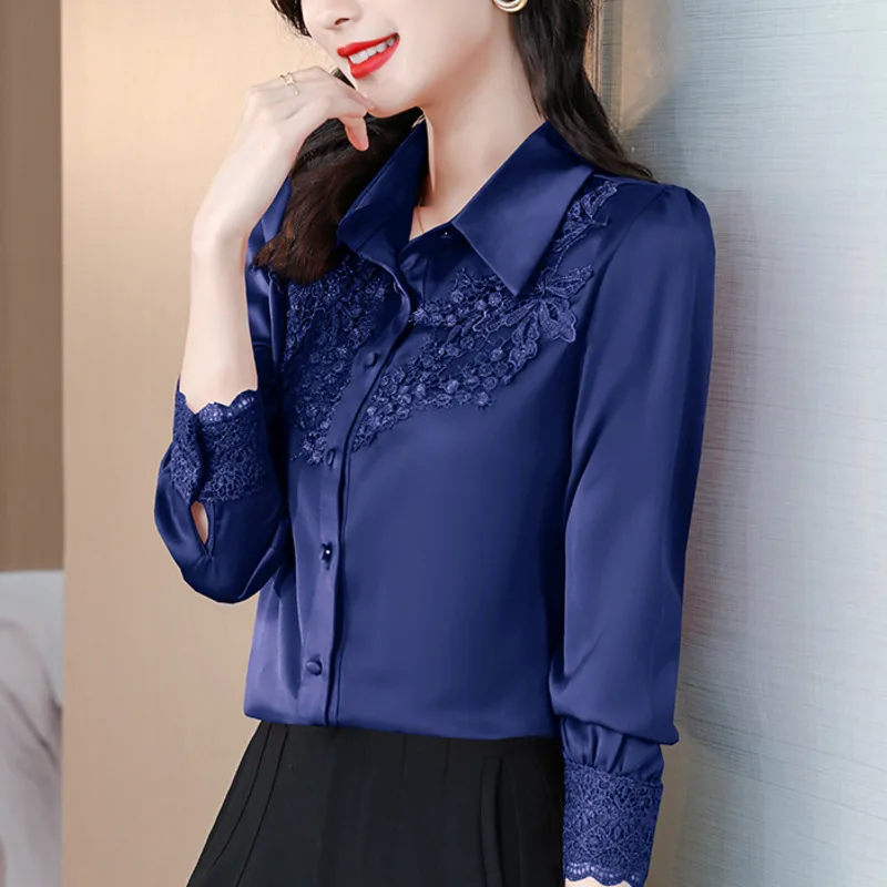 #2550 Red Blue Beige Satin Shirt Women Embroidery Flower Office Shirt Long Sleeve Elegant Vintage Woman Shirts Polo Neck Spring