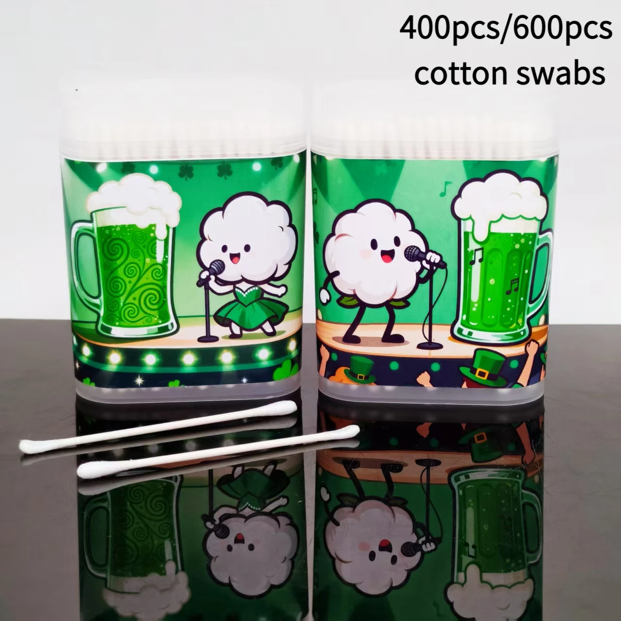 400 Stück/600 Stück Saint Patrick's Day Serie Muster Wattebausch feiner Schaft Peeling Box Urlaub Wattestäbchen