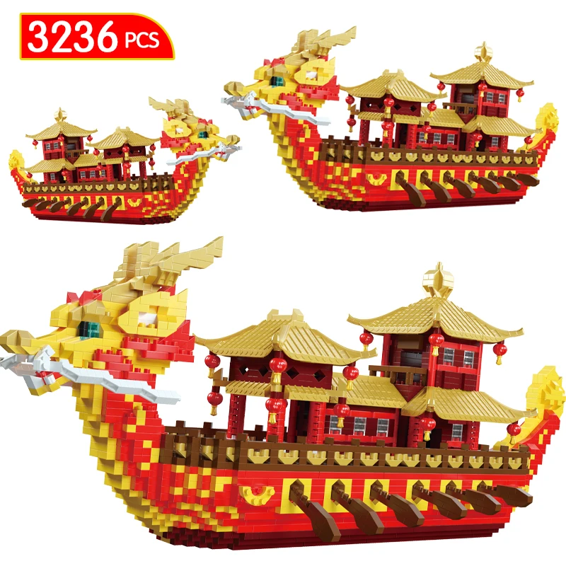 3236pcs City Mini Chinese Royal Dragon Boat Architecture Building Blocks Traditional Festival Bricks Toys for Children Gifts