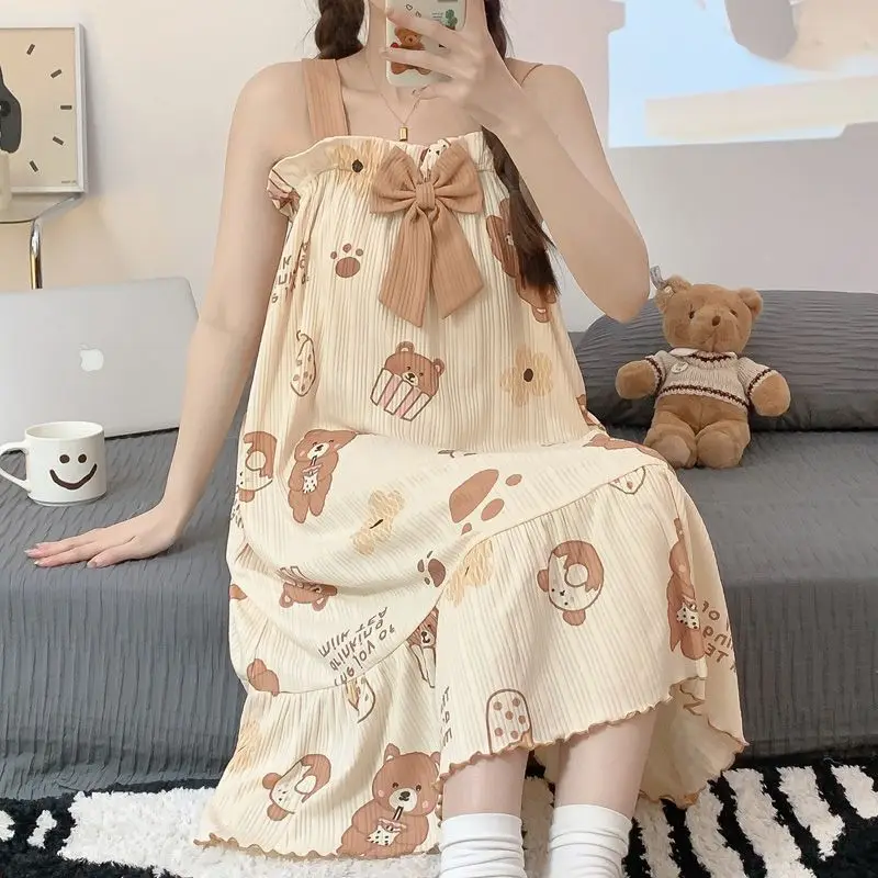 Nightgown Women Summer Sweet Cute Student Pajamas Women Nightgown Cartoon Print Ruffle Bow Tie Loungewear Sleeveless Dresses