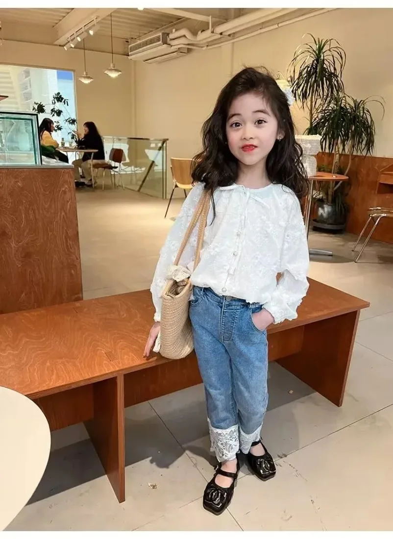 ربيع 2015 الاطفال الجينز فتاة الدانتيل السراويل الاطفال 2-7 سنة الفتيات السراويل الأطفال أزياء جديدة الخريف الملابس