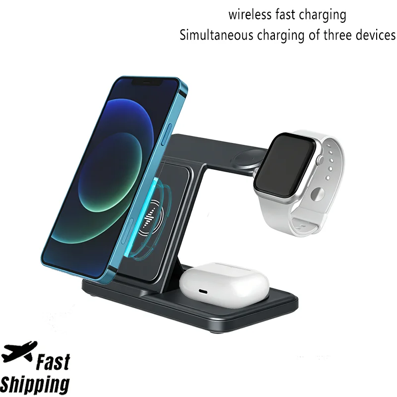 

Магнитная беспроводная зарядная станция 3-в-1 для MagSafe-совместимых iPhone 17, 16, 15, Apple Watch Ultra 2-11, AirPods Pro 2 – Быстрая зарядка