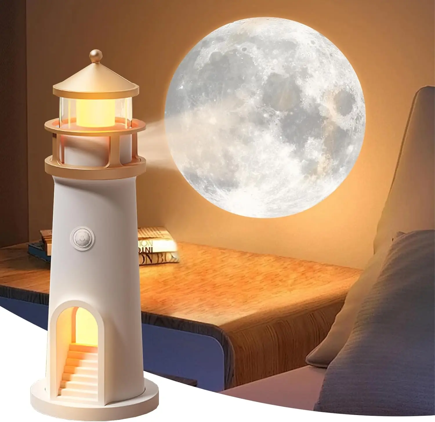 

Lighthouse Projection Nightlight - Adjustable Brightness&Timer, USB Rechargeable Soft Moon Glow for Bedroom Decor Romantic Gift