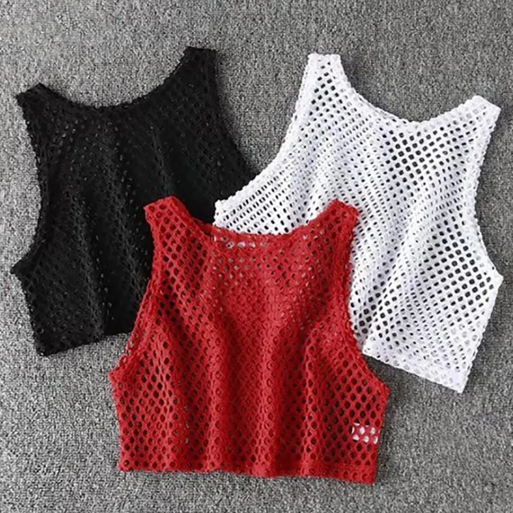 Sexy Black/Red Hollow Out Crop Top 2022 Mesh T-shirt Female Loose Fashion Summer Basic Tops For Women Fishnet Shirt