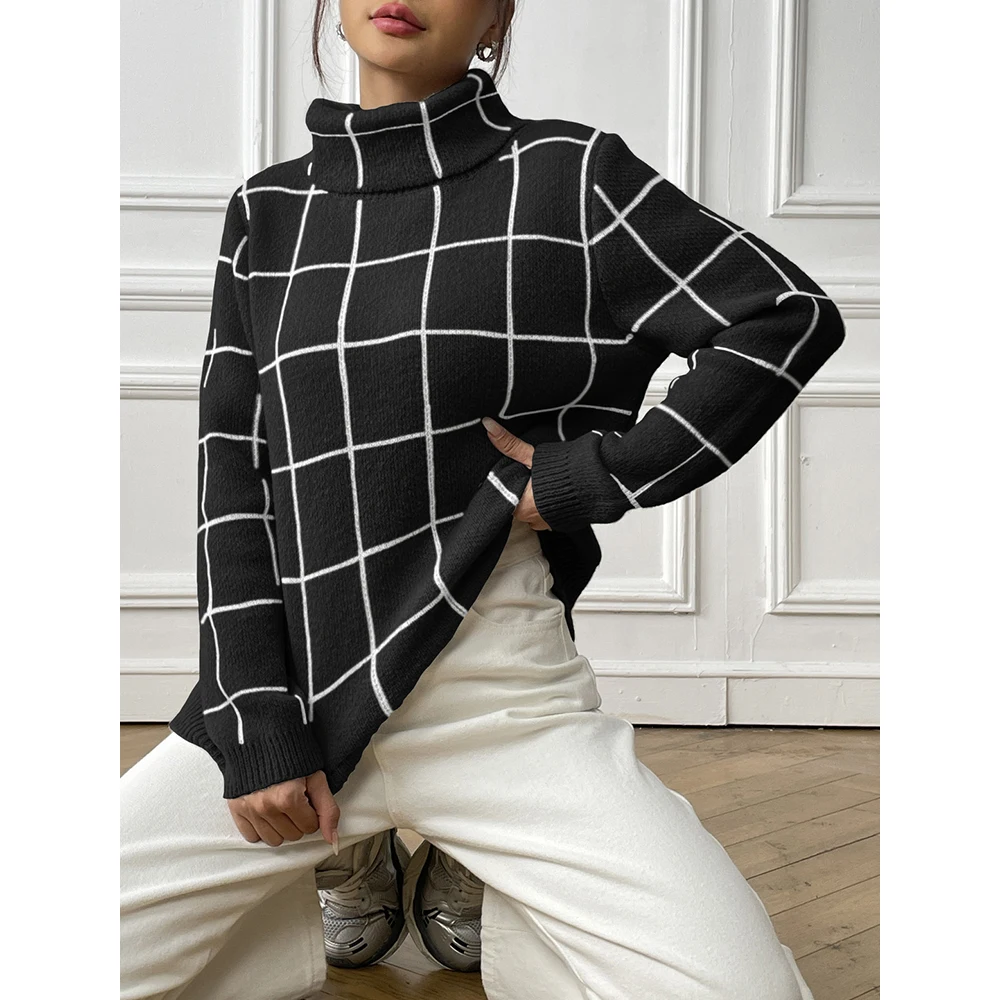 Mia Muse-Pull à carreaux pour femme, manches longues, col haut, mode française, confortable, automne, hiver, 03/Pull