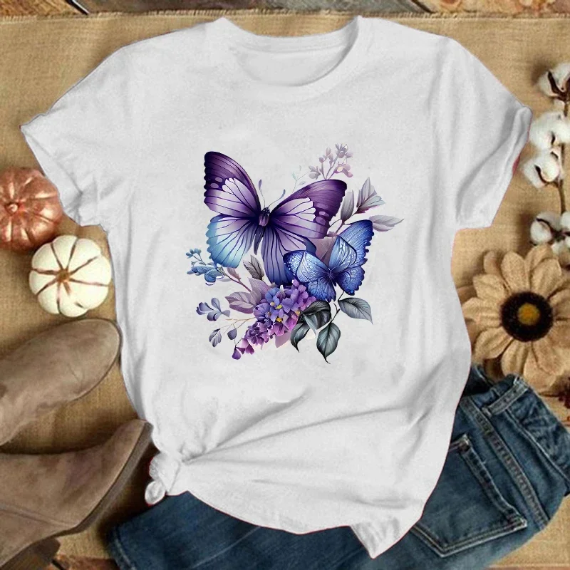 New Flower Butterfly Print T-Shirts Women Summer Cool Short Sleeve Female Casual T-Shirts Round Neck Tops