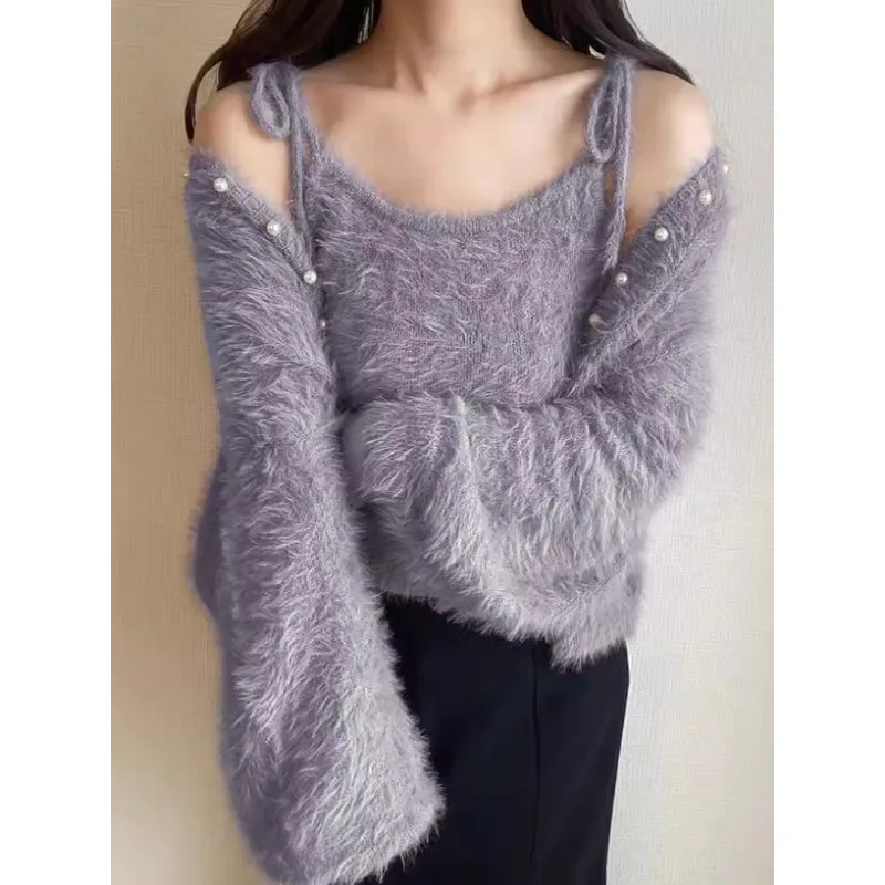 Autumn Japanese Sweet Knitted 2 Pieces Suit 2024 New Woman Plush Pearl Decorative Knit Cardigans and Sleeveless Lace-up Vest