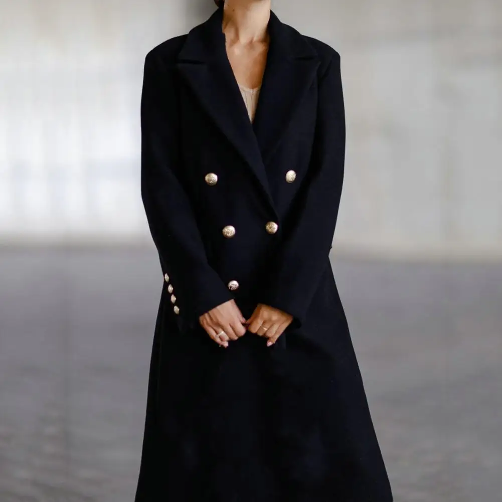 

Women Winter Coat Double-breasted Placket Long Sleeves Lapel Solid Color Buttons Keep Warm Loose Midi Length Winter Overcoat