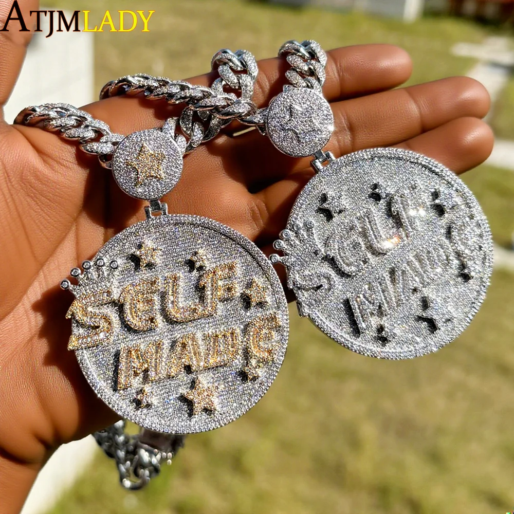 

2024, роскошное большое тяжелое ювелирное изделие в стиле хип-хоп для мужчин и мальчиков, геометрическое ожерелье круглой формы с гравировкой в виде звезды CZ, самодельная подвеска