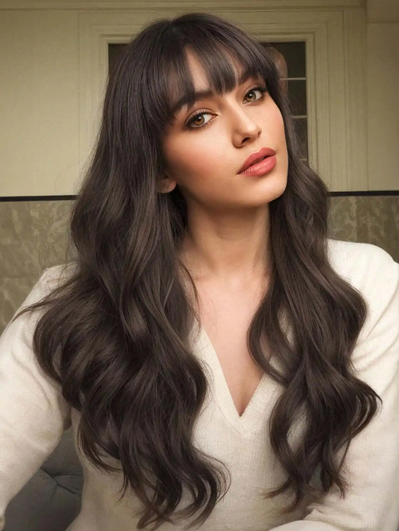 

26 Inch Long Curly Wigs With Bangs Black Wavy Wigs For Women Synthetic Wigs For Girls Daily Party Use Black Heat Resist