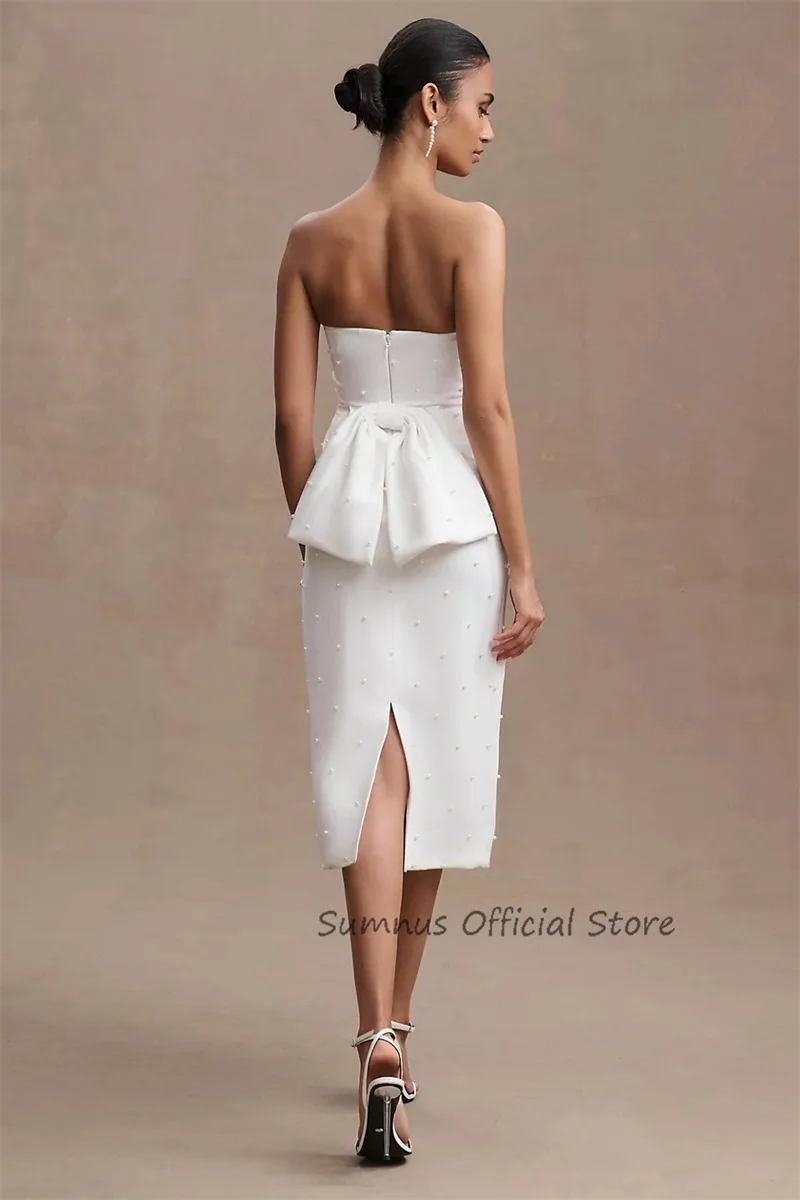 SUMNUS-Simples Elegante Strapless Sereia Vestido, Vestidos Midi, Bow Split, Sem mangas, Sem alças, Pérolas, Formal, Prom, Wedding Party