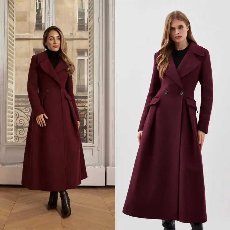 

Fashion Women's Double Breasted Woolen Warm Coat Autumn Winter Long Outerwear For Birthday Occasions Customized Jacket