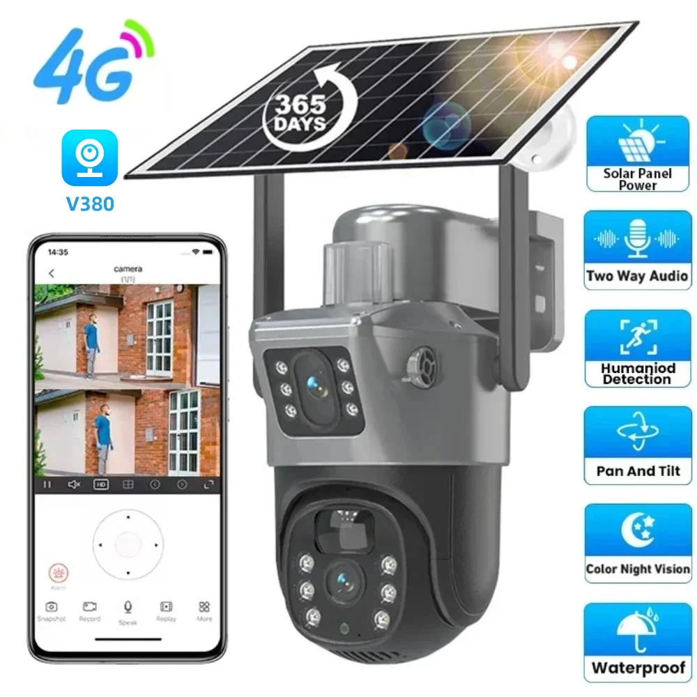 4G Solar Security Camera Outdoor Dual Lens Night Vision Webcam Motion Detect Auto Tracking CCTV Waterproof PTZ Camera V380 Pro