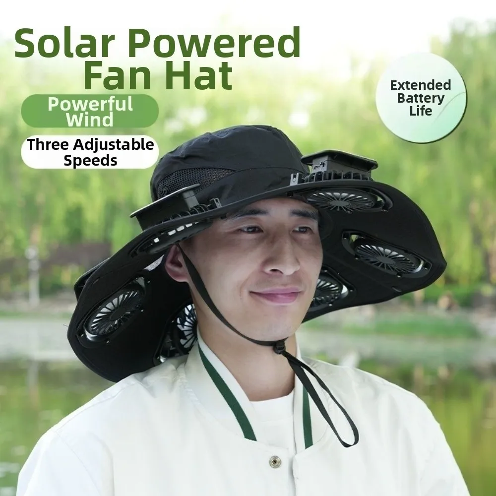 New 6 Fans Solar Fan Hat UV Protection Breathable Fan Visor Cap Adjustable Wide Brim Solar Sun Cap Camping Fishing