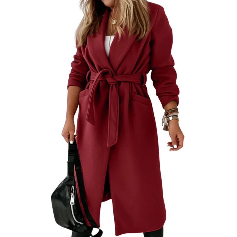 European Size Women's Long Trench Coat New Winter Lace-Up Jacket Without Lining Fashion Trend Women's Streetwear Clothes S-XXL