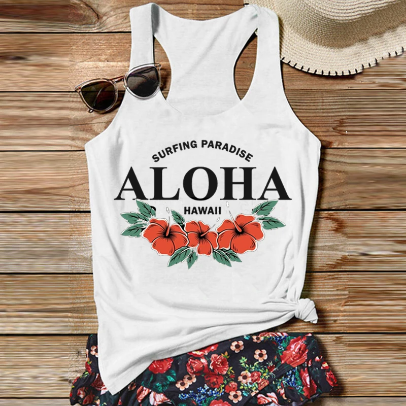 

Aloha Tops Sexy Hawaiian Pink Tank Top Summer Vacation White Top Gothic Women Vintage Clothes