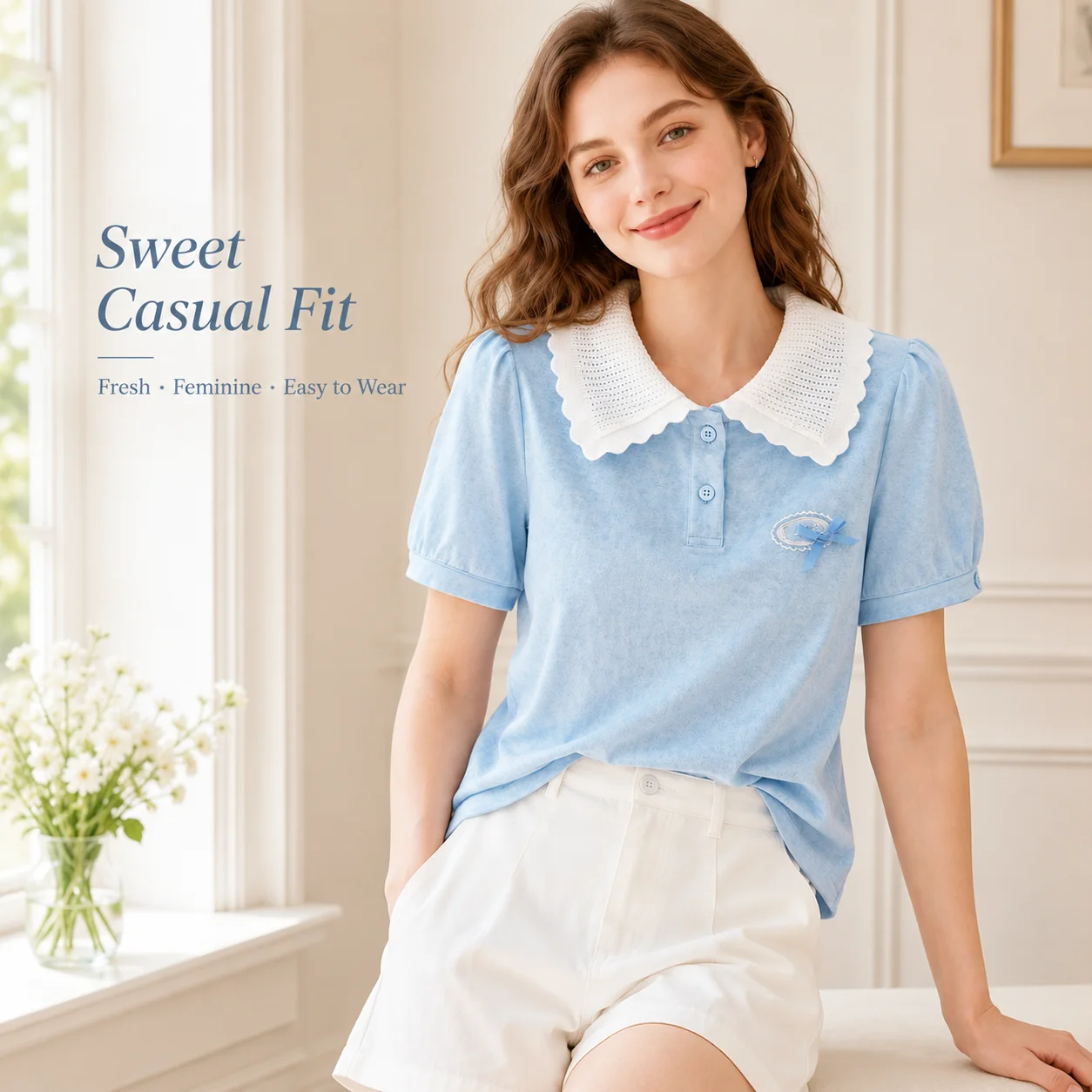 Women Sky Blue Peter Pan Collar Top Short Puff Sleeve Bow Embroidered Cotton Blend Casual Summer Blouse