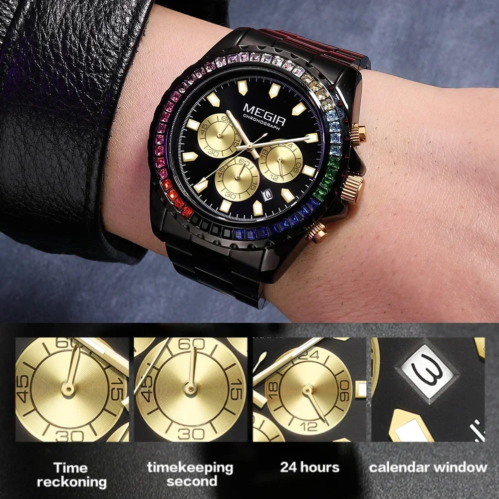 Relojes MEGIR cronógrafo de cuarzo para hombre a la moda con manecillas de diamantes de imitación fecha correa de acero inoxidable reloj de pulsera analógico negro para hombre