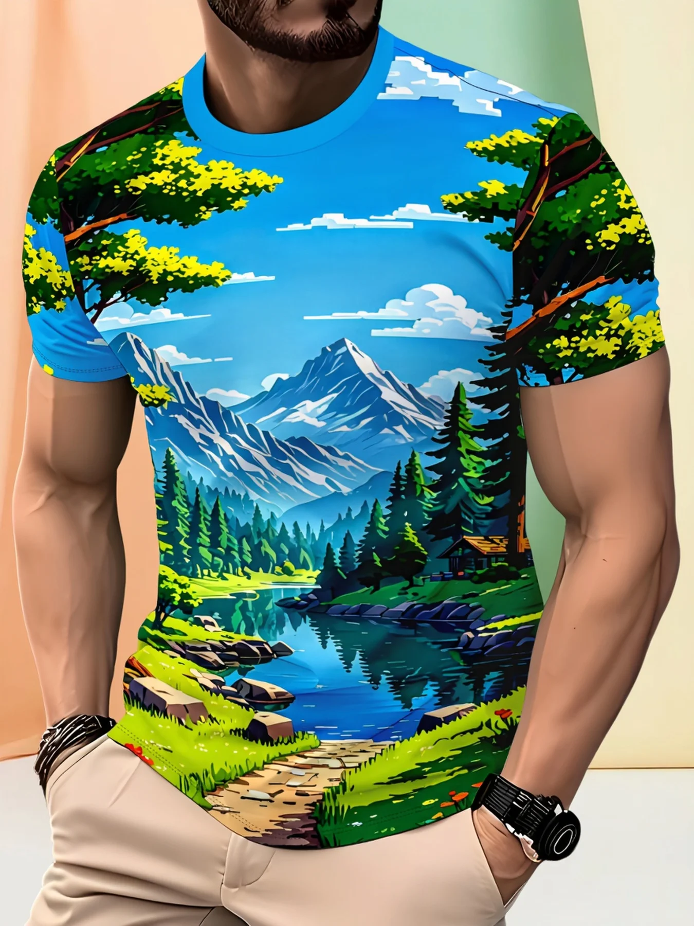 Men Japanese Mountain Lake Snow Landscape Print Outdoor Casual T Shirt