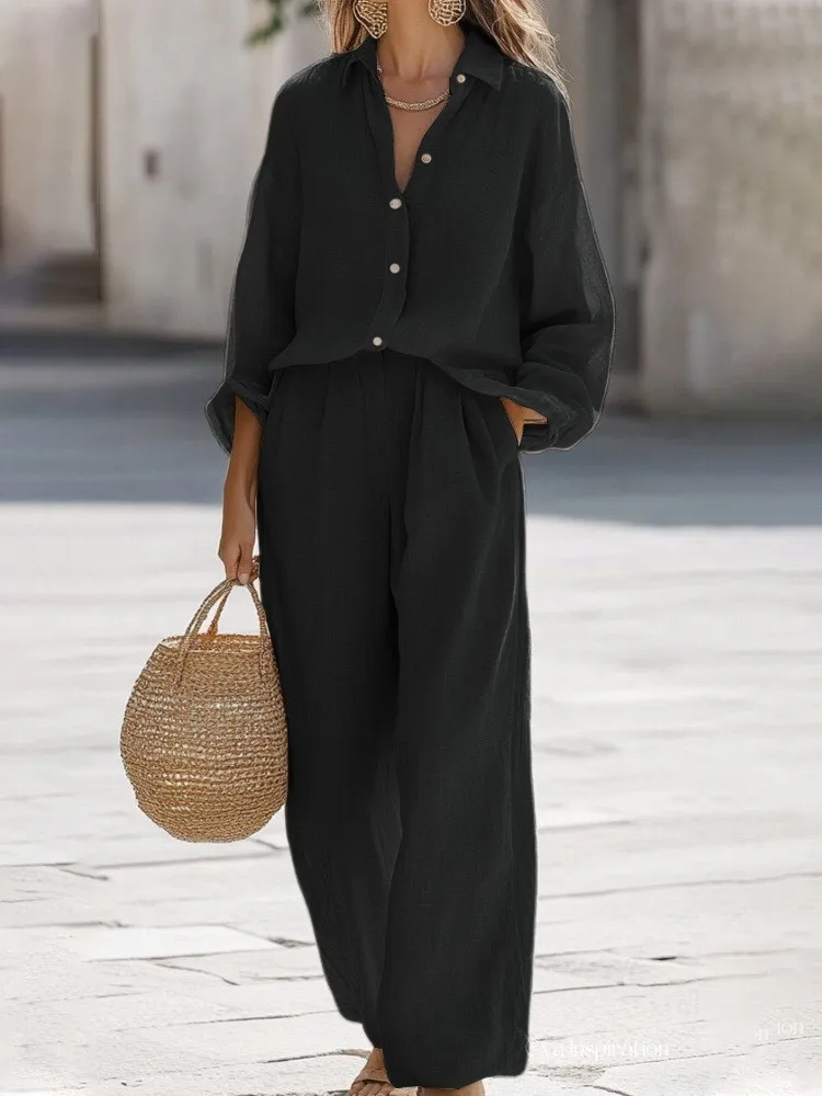 

Женская хлопково-льняная рубашка, брюки, костюмы, повседневный комплект из двух предметов для женщин, осень 2025 года, топ с длинными рукавами и широкие брюки, свободные наряды