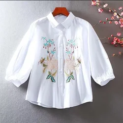 Embroidered Shirt For Women Blouses Summer Ethnic Style Top Loose Female Blous POLO Neck Button Up White Woman Clothes Shirts