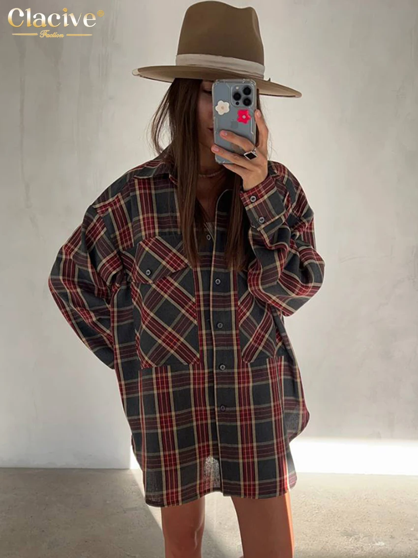 Clacive Fashion Loose Plaid Women Shirts 2023 Elegant Lapel Long Sleeve Office Lady Shirts & Blouses Vintage Classic Top Female