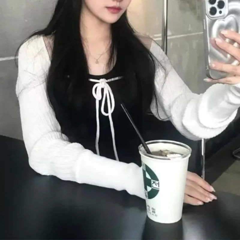 

Deeptown Sweet Cropped Cardigan Women Elegant White Long Sleeve Knitted Cardigan Black Thin Casual Fashion Summer Loose Tops