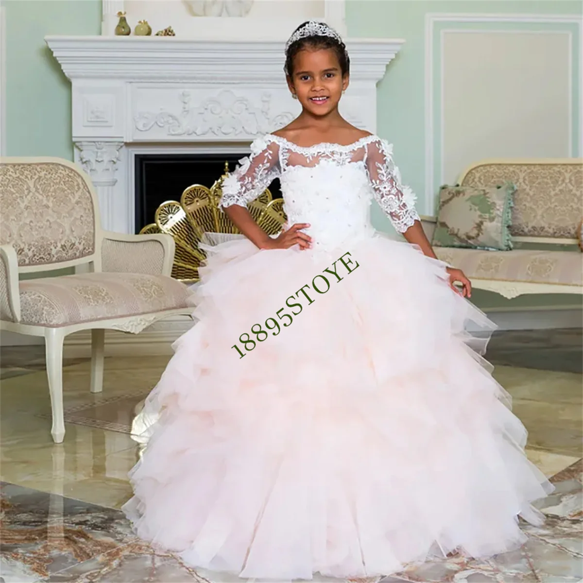 Lovely Pink Tulle Tiered Half Sleeves Flower Girl Dress For Wedding 2024 Princess Birthday Party For Kids First Communion Gowns