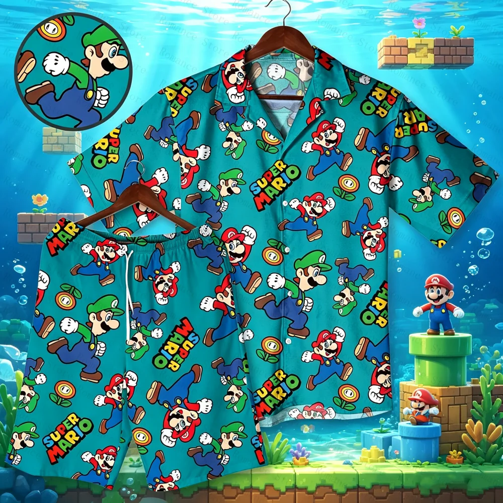 Conjunto de pijama con estampado de Super Mario Luigi, camisa para hombre, camisa informal de manga corta con botones, pantalones cortos, ropa de descanso, ropa para el hogar, conjunto para niños