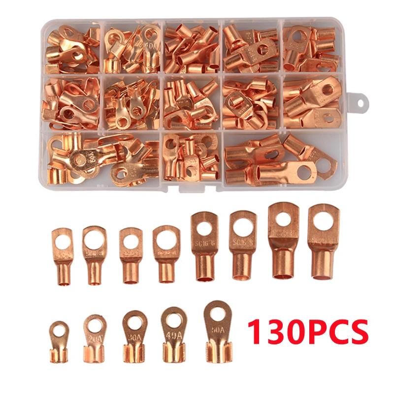 60PCS SC Copper Ring Lug Terminals + 70PCS OT Wire Terminals Kit  Bare Copper Battery Block Lugs Crimp Wire Connector