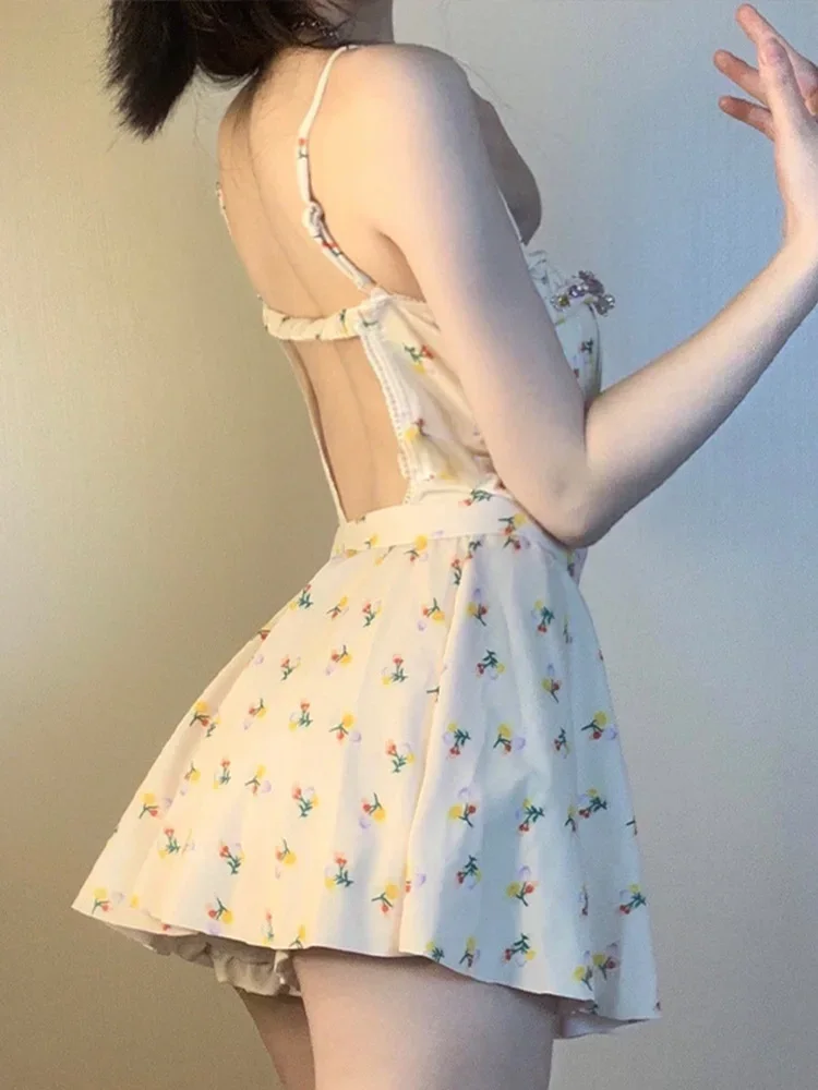 Sexy magro floral biquinis feminino sem alças maiô de cintura alta sem costas praia biquinis 2025 novo verão banho de uma peça maiô