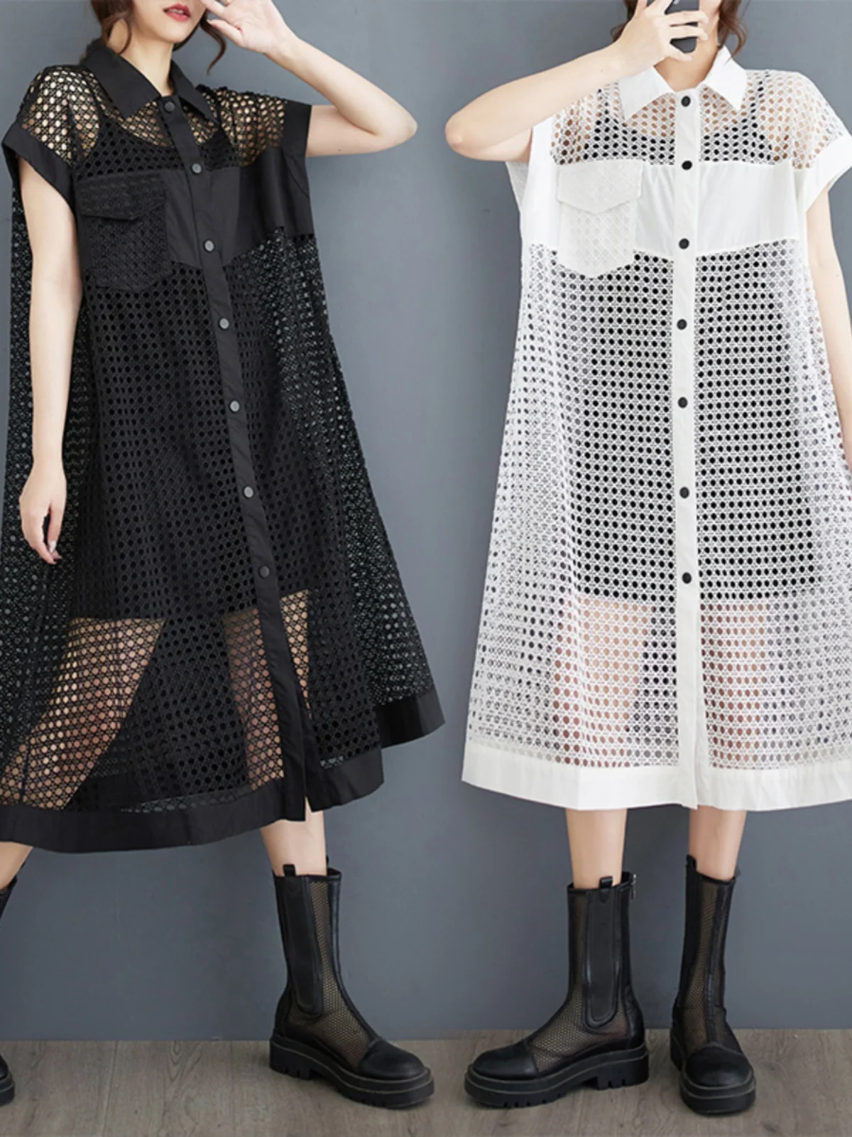 여름 신상 작은 디자인 메쉬 셔츠 드레스 여성 패션 원피스 홀로우 아웃 드레스 출근 스타일 루즈 웨이스트 거들