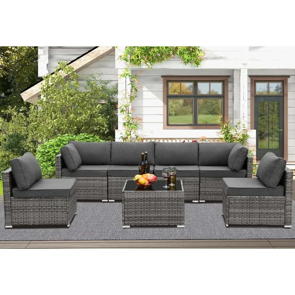 7 pieces patio furniture A rattan wicker sofa outdoor conversation set with garden, poolside, backyard table