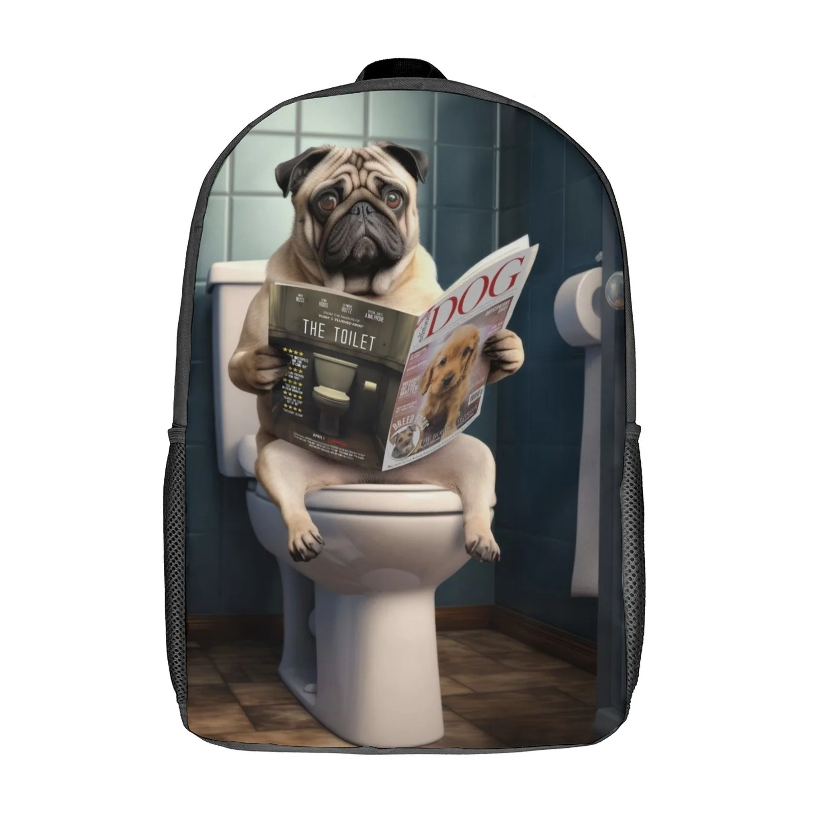 Pug Dog on the Toilet Sac A Dos Borsa per libri stampata Zaino per scuola per bambini Borsa per zaino da scuola da 17 pollici
