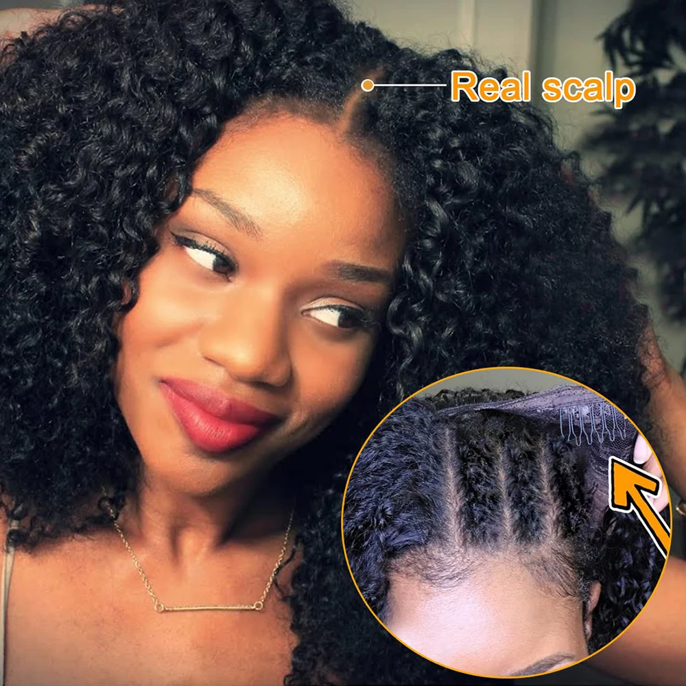 Kinky Curly V Part Wig para Mulheres, Cabelo Humano, Sem Deixar de Fora, Parte Lateral, Parte U, Brasileiro, Onda Profunda, Perucas, 250%