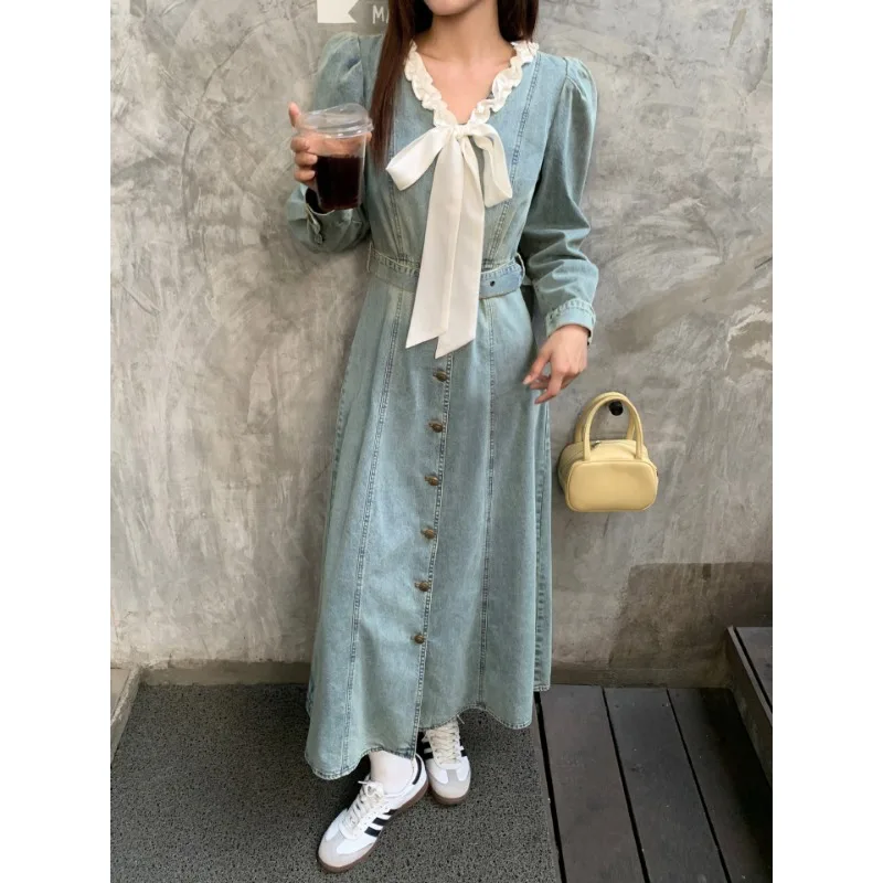 Vintage Bow Collar Denim Dress Women with Belt Long Sleeves Fashion Korea Chic Elegant Casual Sweet Long Dresses Female