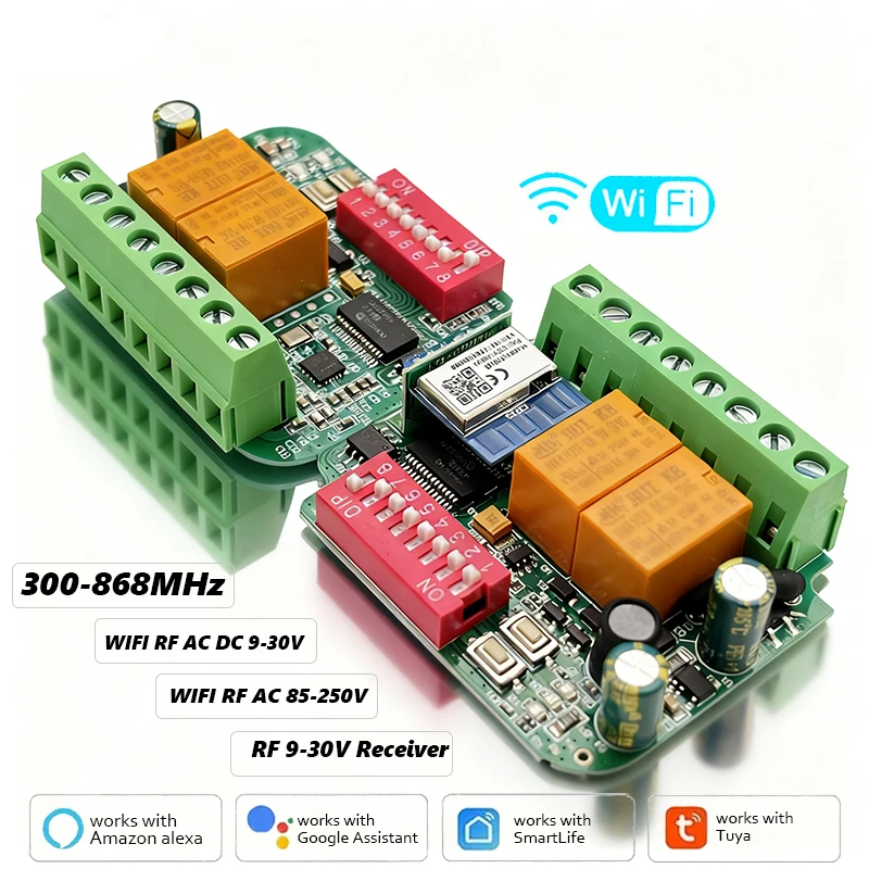 Tuya WiFi Receiver Motor Controller 2CH 9V-30V 85V-250V 300-868MHz For Garage Door Remote Control Gate Opener Receiver