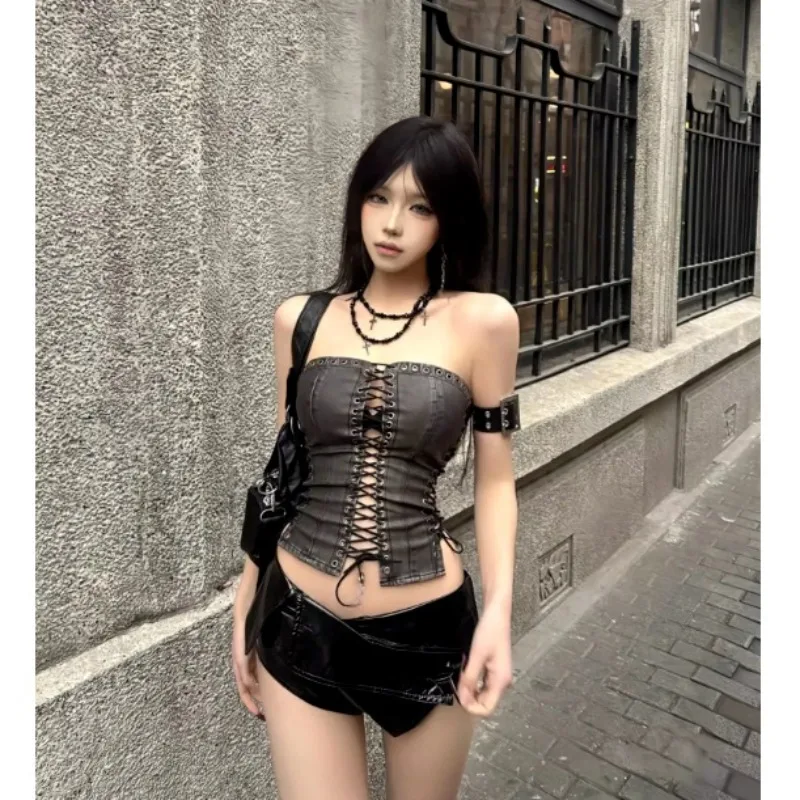 Amerikanisches Retro Schwarzes Korsett-Top für Damen, Schulterfreies Slim-Fit T-Shirt, Gothic Punk Y2K Sexy Stil, Vintage Streetwear Ästhetisches Crop-Top