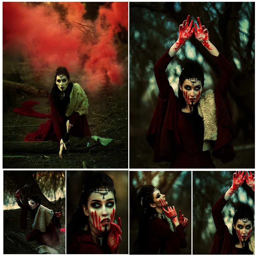 Bloodied Hands And White-Eyed Witch Wall Art Canvas Painting A Shamanic Ritual In The Woods Art Poster And Print Home Decoration