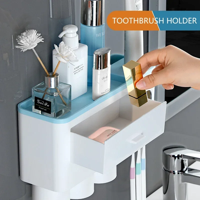 3 Color Bathroom Accessories Toothbrush Holder Automatic Toothpaste Dispenser Holder Wall Mount Rack Storage For Bathroom Home