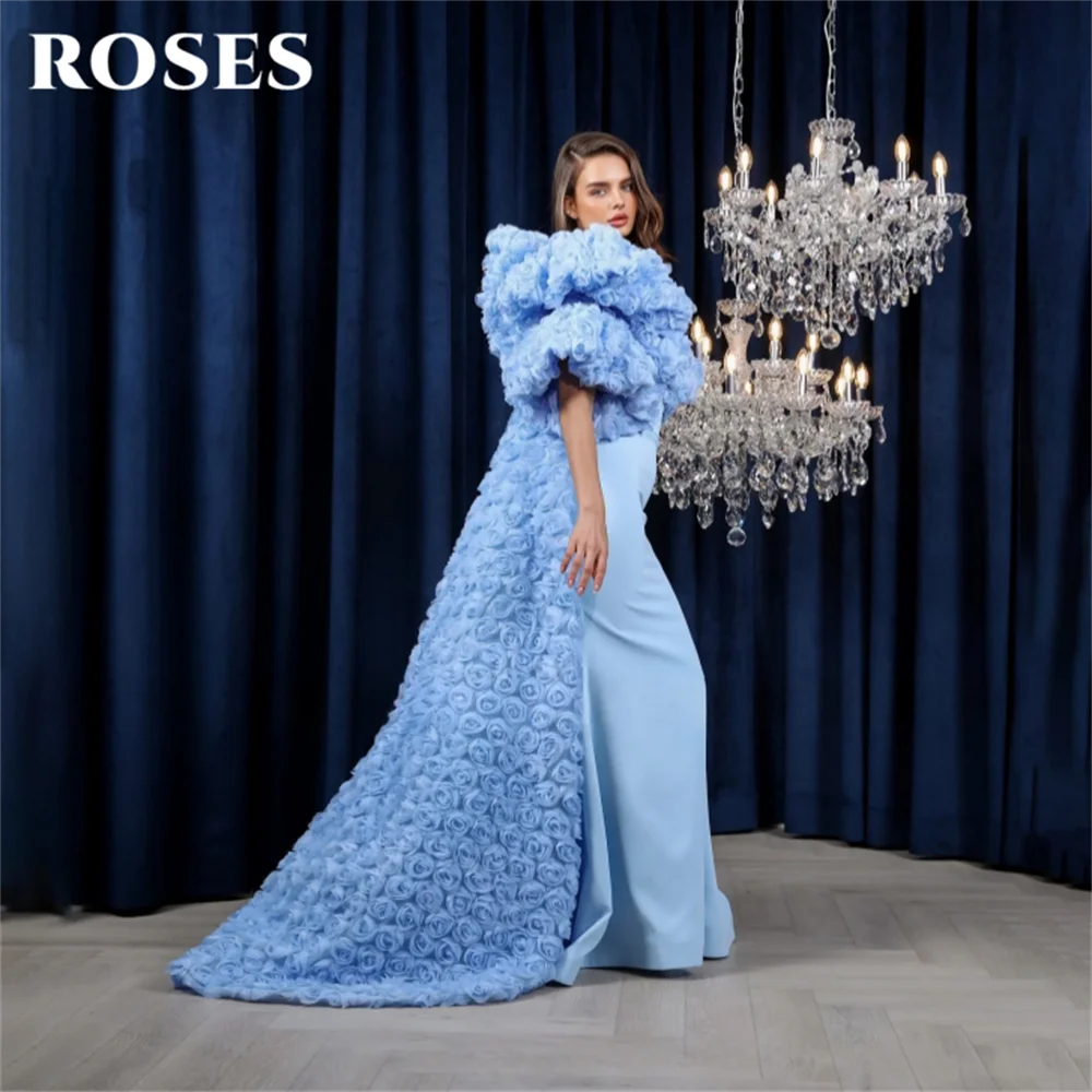

Гламурное светло-голубое вечернее платье ROSES, очаровательное атласное вечернее платье русалки со съемной накидкой с цветочным принтом فستان سهرة по индивидуальному заказу