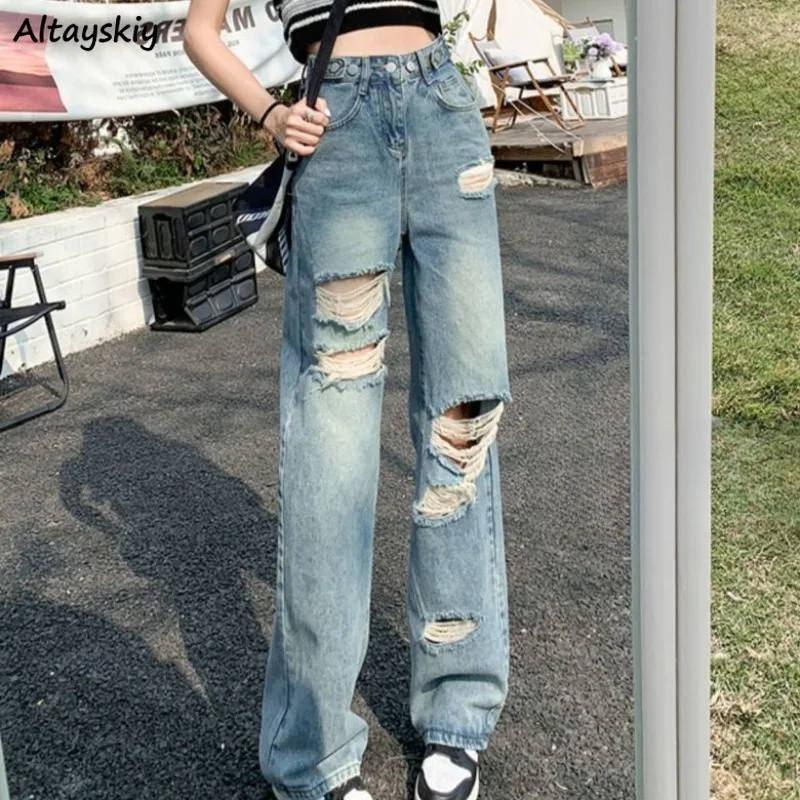 

Ripped Jeans Women Spring Girls Vintage Mopping Designed Korean Style Simple Leisure Trendy Loose Slender Straight Versatile