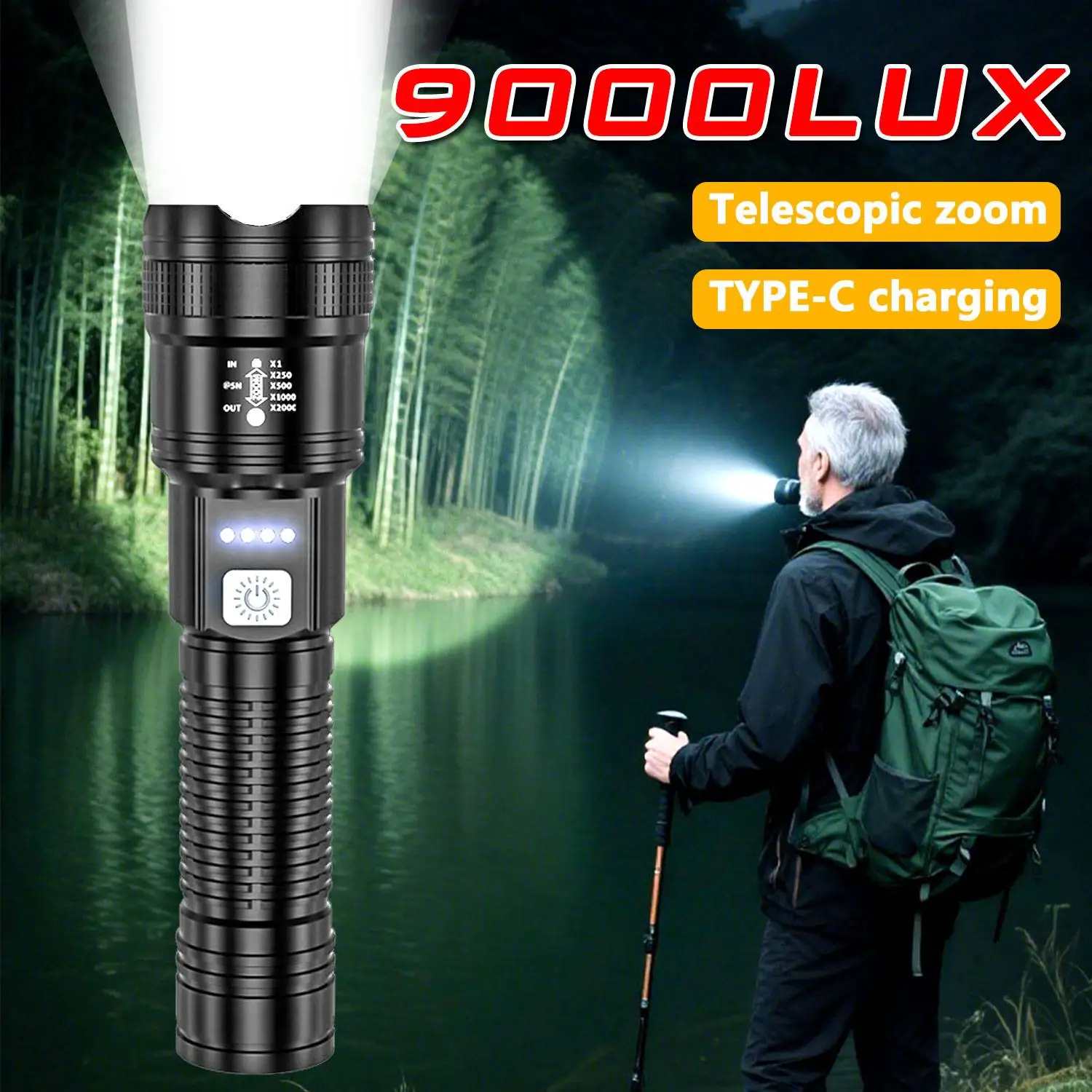 

9000LM Portable Rechargeable LED Flashlight With 3 Light Modes Telescopic Zoom Torch 1200mAh Battery Waterproof Emergency Lamp