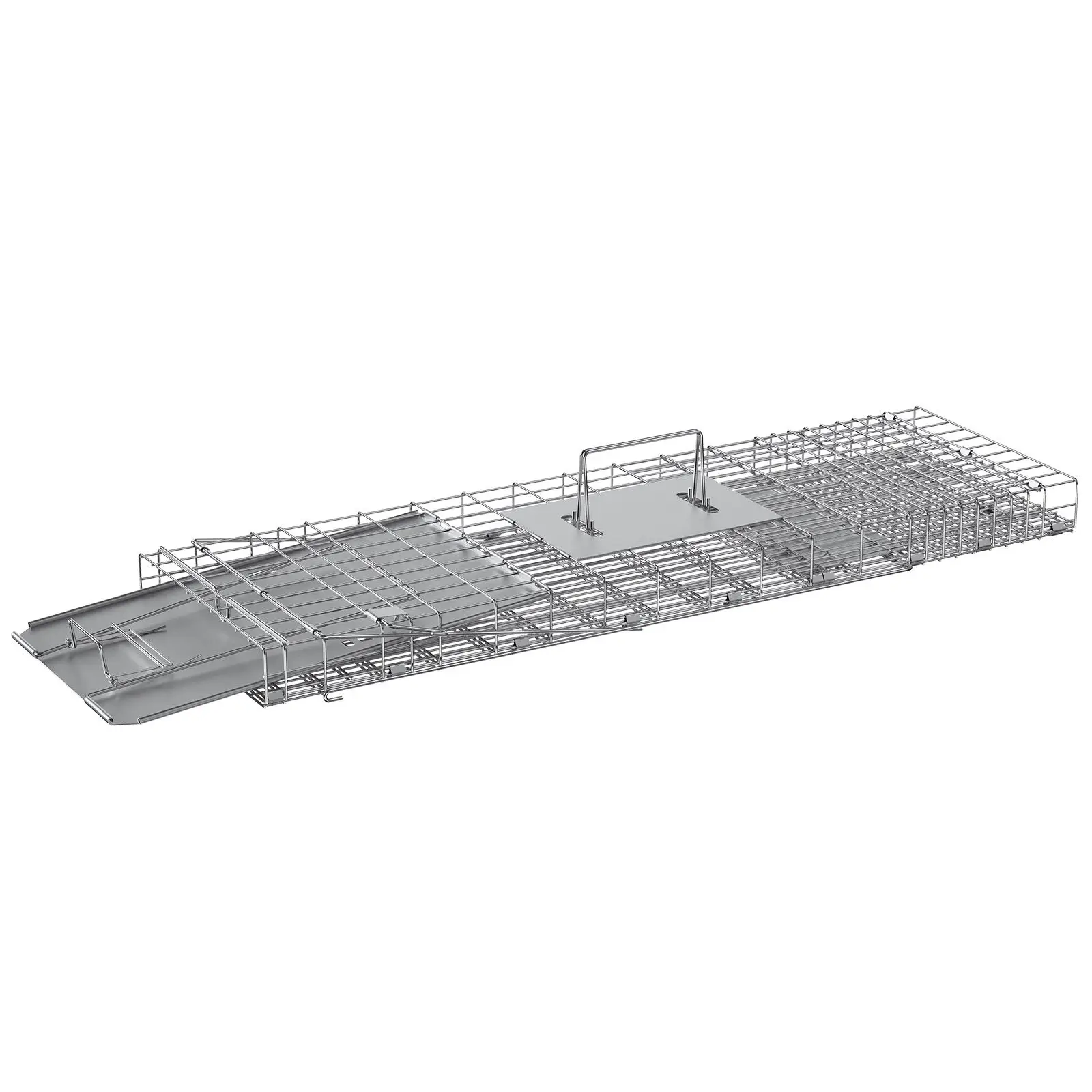 Live Animal Cage Trap, 31" x 10" x 12" Humane Cat Trap Galvanized Iron, Folding Animal Trap with Handle for Rabbits, Stray Cats, Squirrels, Raccoons, Groundhogs and Opossums view 3
